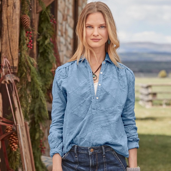 Sundance Tops - SUNDANCE Shannon blue patchwork tunic top blouse work career casual weekend M